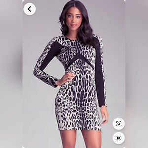 Bebe Leopard Animal Print Jacquard Knit Long Sleeve Sweater Dress Black Gray XS